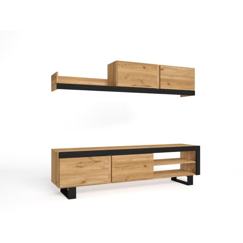 Skraut Home - Salon IDEM "Naturale" - Ensemble de Meubles - Unité Murale - Meuble bas TV - Salle á manger, Ensemble de séjour couleur Chêne