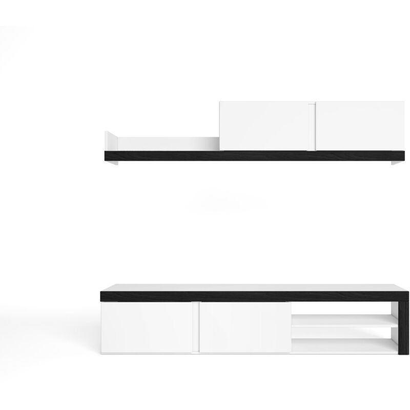 Skraut Home - Salon idem 'Blanco', Ensemble de Meubles, Unité Murale, Meuble bas tv, Salle á manger, Ensemble de séjour couleur Blanc/Noir, Rangement