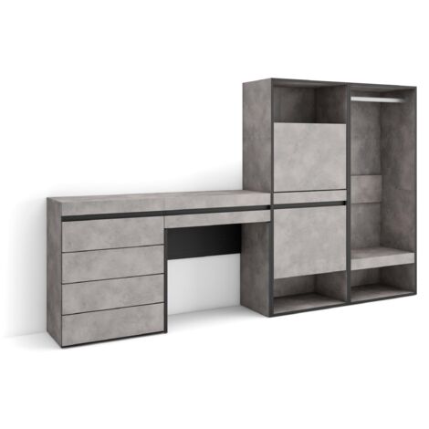 Skraut Home - Scarpiera, Mobile Salvaspazio, 247x145x35 cm, Camera da letto, stanza, Armadio Aperto, Cassettiera, Tavolo da toeletta, Stile moderno, Grigio Cemento