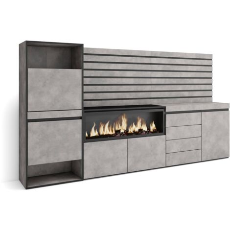Skraut Home - Scarpiera, Mobile Salvaspazio, 274x145x35 cm, Camera da letto, stanza, Camino elettrico XXL, Cassettiera, Pannelli Decorativi, Stile moderno, Grigio Cemento