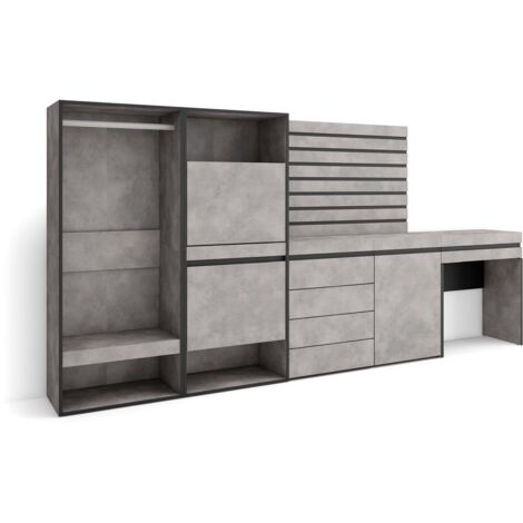 Skraut Home - Scarpiera, Mobile Salvaspazio, 297x145x35 cm, Camera da letto, stanza, Armadio Aperto, Cassettiera, Pannelli Decorativi, Tavolo da toeletta, Stile moderno, Grigio Cemento