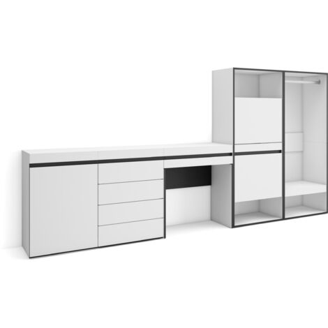 Skraut Home - Scarpiera, Mobile Salvaspazio, 297x145x35 cm, Camera da letto, stanza, Armadio Aperto, Cassettiera, Tavolo da toeletta, Stile moderno, Bianco