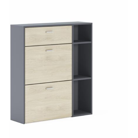 Skraut Home - Scarpiera WIND, Grigio Antracite e Rovere, 2 porte basculanti e cassetto, 90x26x101,5cm