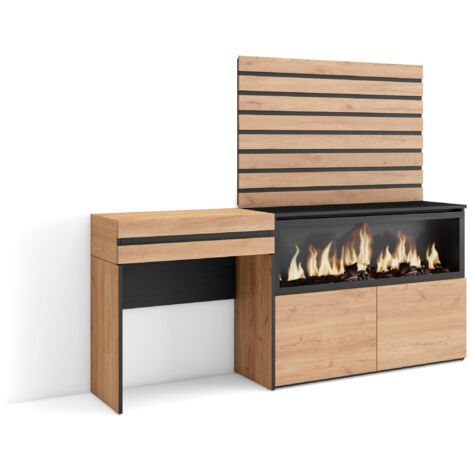 Skraut Home - Schminktisch, Frisiertisch mit Stauraum, 177x145x35 cm, mit Schublade, Elektrokamin XXL, Lamellenwand Holz, Moderner Stil, Eiche