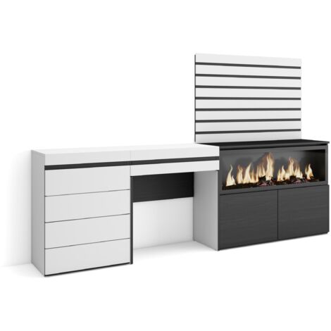Skraut Home - Schminktisch, Frisiertisch mit Stauraum, 234x145x35 cm, mit Schublade, Elektrokamin XXL, Kommode mit Schubladen, Lamellenwand Holz, Moderner Stil, Weiß