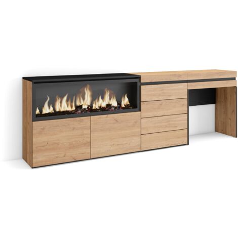 Skraut Home - Schminktisch, Frisiertisch mit Stauraum, 234x75x35 cm, mit Schublade, Elektrokamin XXL, Kommode mit Schubladen, Moderner Stil, Eiche