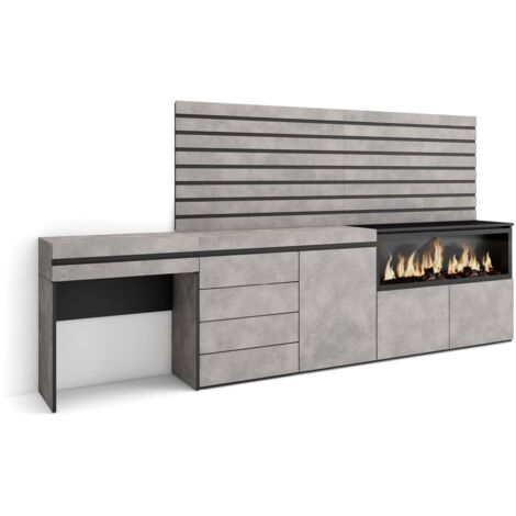 Skraut Home - Schminktisch, Frisiertisch mit Stauraum, 284x145x35 cm, mit Schublade, Elektrokamin XXL, Kommode mit Schubladen, Lamellenwand Holz, Moderner Stil, Zementgrau