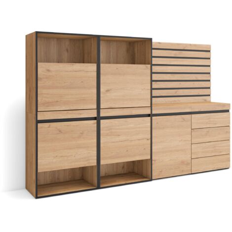 Skraut Home - Schuhregal, Schuhschrank, Schuhaufbewahrung, 227x145x35 cm, Für Schlafzimmer, Zimmer, Kommode mit Schubladen, Lamellenwand Holz, Moderner Stil, Eiche