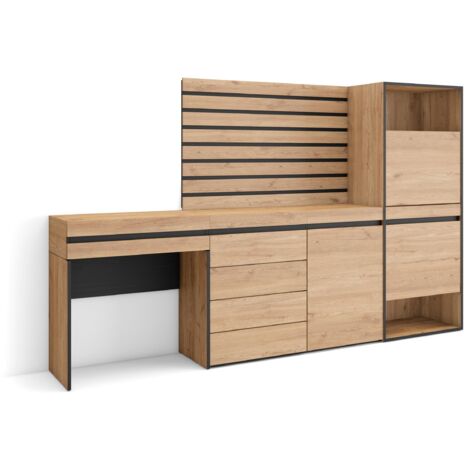 Skraut Home - Schuhregal, Schuhschrank, Schuhaufbewahrung, 237x145x35 cm, Für Schlafzimmer, Zimmer, Kommode mit Schubladen, Lamellenwand Holz, Schminktisch, Moderner Stil, Eiche