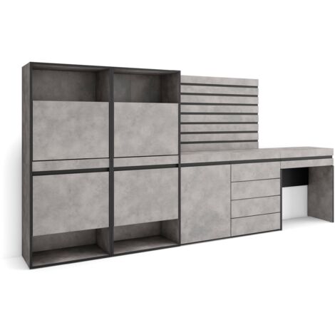 Skraut Home - Schuhregal, Schuhschrank, Schuhaufbewahrung, 297x145x35 cm, Für Schlafzimmer, Zimmer, Kommode mit Schubladen, Lamellenwand Holz, Schminktisch, Moderner Stil, Zementgrau