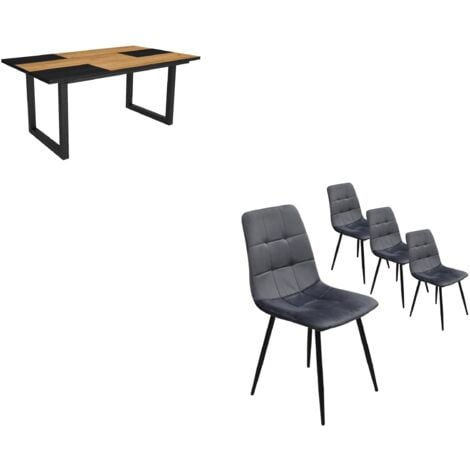 Skraut Home - Set Mobili, Tavolo da pranzo, 170, Rovere e nero, Stile industriale, Tavolo, Pack di 4 sedie da pranzo, Sedia imbottita
