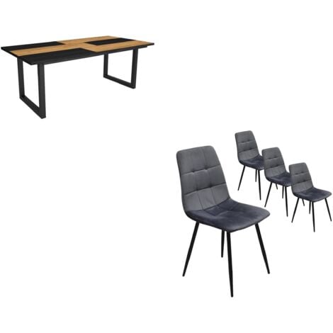 Skraut Home - Set Mobili, Tavolo da pranzo, 200, Rovere e nero, Stile industriale, Tavolo, Pack di 4 sedie da pranzo, Sedia imbottita