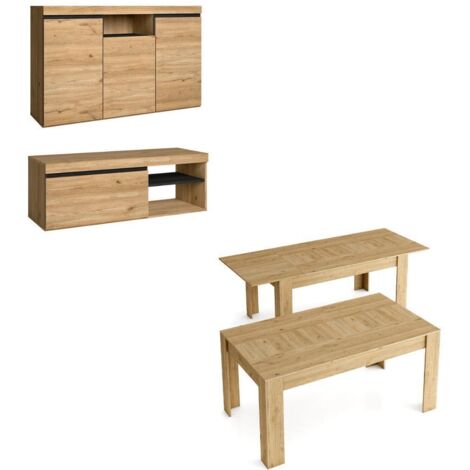 Skraut Home - Set Naturale Esszimmer, Esszimmermöbel, Sideboard-Möbel TV 120cm - Ausziehtisch Eiche/schwarz