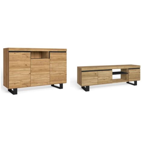 Skraut Home - Set Naturale Sala da Pranzo, Mobile Ausiliario, Credenza-Mobile TV 140 cm Rovere Nordic Nero