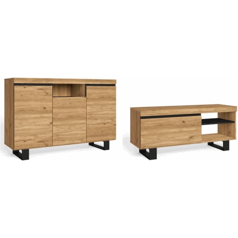 Skraut Home - Set Naturale salle à manger, meuble auxiliaire, buffet-meuble TV 120cm chêne noir nordique