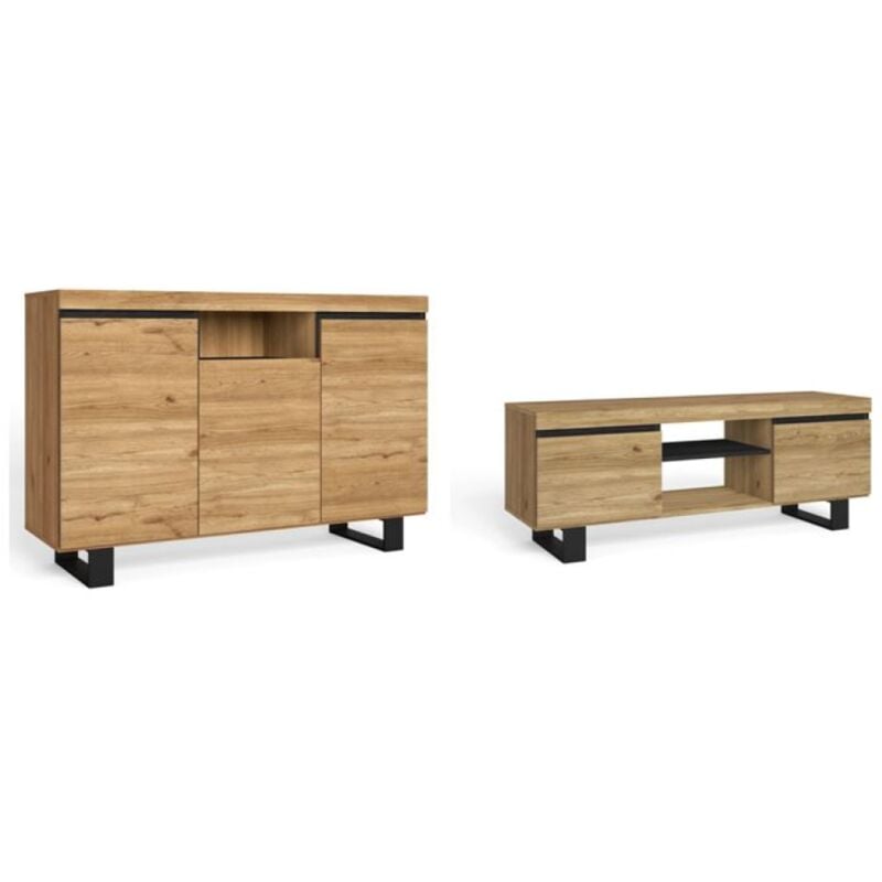 Skraut Home - Set Naturale salle à manger, meuble auxilier, buffet-meuble TV 140cm chêne nordique noir