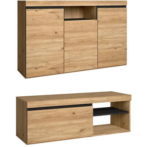 Skraut Home - Set Naturale Wohnzimmer Esszimmer, Beistellmöbel, Buffet-TV-Schrank 120cm Eiche schwarz nordische