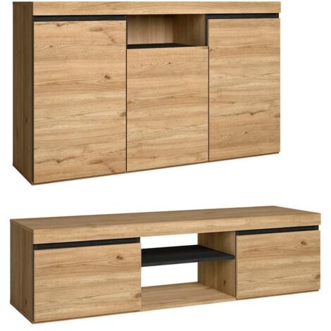 Skraut Home - Set Naturale Wohnzimmer Esszimmer, Beistellmöbel, Buffet-TV-Schrank 140cm Eiche schwarz nordische