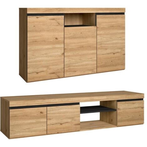 Skraut Home - Set Naturale Wohnzimmer Esszimmer, Beistellmöbel, Buffet-TV-Schrank 160cm Eiche schwarz nordische - BRAUN