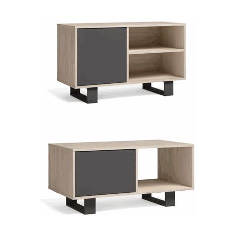 Skraut Home - Set Wind, Conjunto de muebles de Salón/Comedor compuesto por 1Mueble TV100 y 1 Mesa de Centro, Color Roble/Gris, Patas Negras, Mueble Auxiliar.