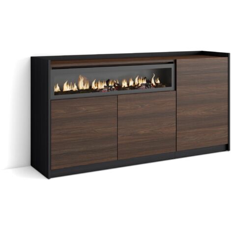 Skraut Home - Sideboard, Highboard, Kommode, 156x37x80cm, 3 Türen, Elektrokamin., Dunkler Eiche und Schwarz