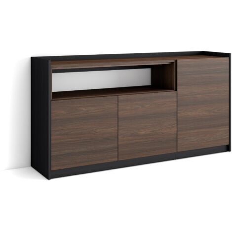 Skraut Home - Sideboard, Highboard, Kommode, 156x37x80cm, 3 Türen, Wohnzimmer, Küche, Dunkler Eiche und Schwarz