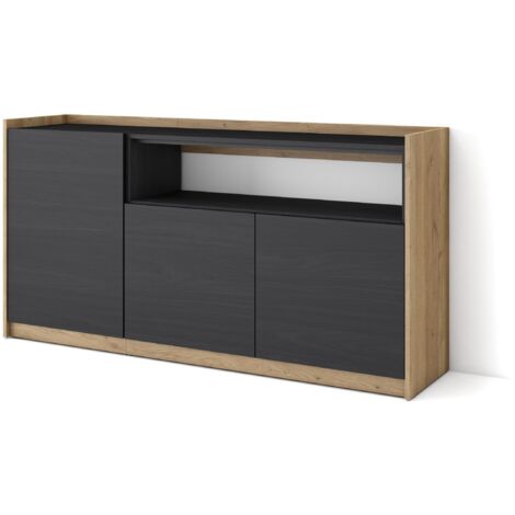 Skraut Home - Sideboard, Highboard, Kommode, 156x37x80cm, 3 Türen, Wohnzimmer, Küche, Schwarz Eiche