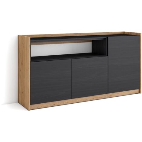 Skraut Home - Sideboard, Highboard, Kommode, 156x37x80cm, 3 Türen, Wohnzimmer, Küche, Schwarz Eiche