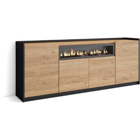 Skraut Home - Sideboard, Highboard, Kommode, 207x37x80cm, 4 Türen, Elektrokamin., Eiche Schwarz