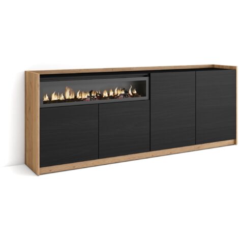 Skraut Home - Sideboard, Highboard, Kommode, 207x37x80cm, 4 Türen, Elektrokamin., Schwarz Eiche