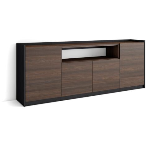 Skraut Home - Sideboard, Highboard, Kommode, 207x37x80cm, 4 Türen, Wohnzimmer, Küche, Dunkler Eiche und Schwarz