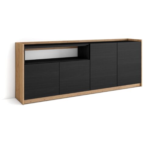 Skraut Home - Sideboard, Highboard, Kommode, 207x37x80cm, 4 Türen, Wohnzimmer, Küche, Schwarz Eiche