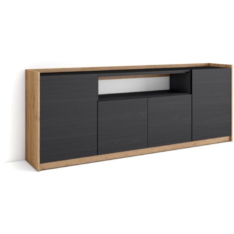 Skraut Home - Sideboard, Highboard, Kommode, 207x37x80cm, 4 Türen, Wohnzimmer, Küche, Schwarz Eiche