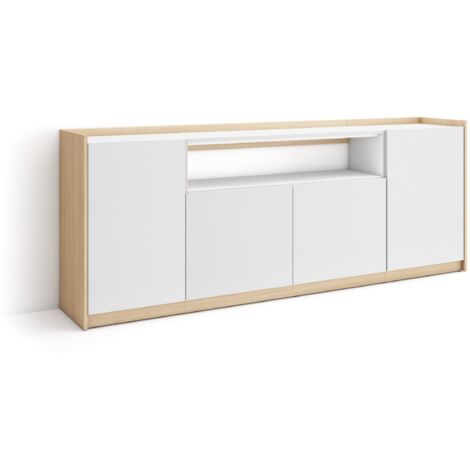 Skraut Home - Sideboard, Highboard, Kommode, 207x37x80cm, 4 Türen, Wohnzimmer, Küche, Weiß und Eiche Soft