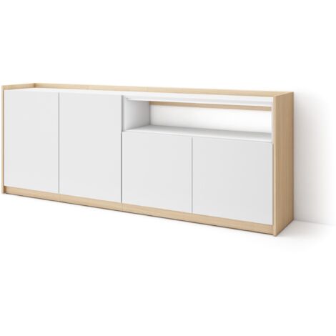 Skraut Home - Sideboard, Highboard, Kommode, 207x37x80cm, 4 Türen, Wohnzimmer, Küche, Weiß und Eiche Soft
