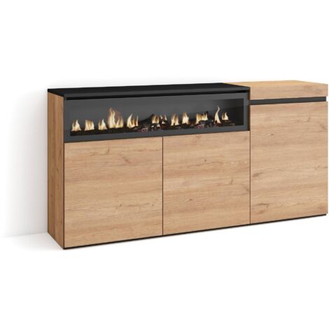 Skraut Home - Sideboard, Highboard, Kommode, Komodenschrank, 150x75x35cm, 3 Türen, Elektrokamin. Maße, Moderner Stil, Eiche Schwarz