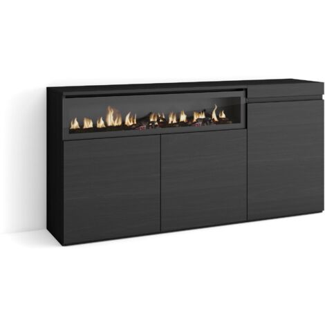 Skraut Home - Sideboard, Highboard, Kommode, Komodenschrank, 150x75x35cm, 3 Türen, Elektrokamin. Maße, Moderner Stil, Schwarz