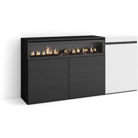 Skraut Home - Sideboard, Highboard, Kommode, Komodenschrank, 150x75x35cm, 3 Türen, Elektrokamin. Maße, Moderner Stil, Weiß und Schwarz
