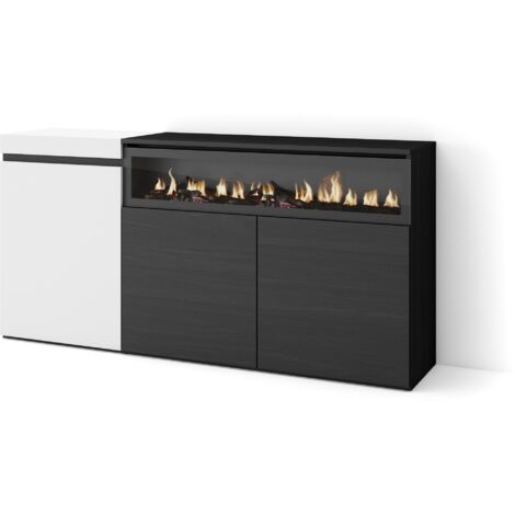 Skraut Home - Sideboard, Highboard, Kommode, Komodenschrank, 150x75x35cm, 3 Türen, Elektrokamin. Maße, Moderner Stil, Weiß und Schwarz