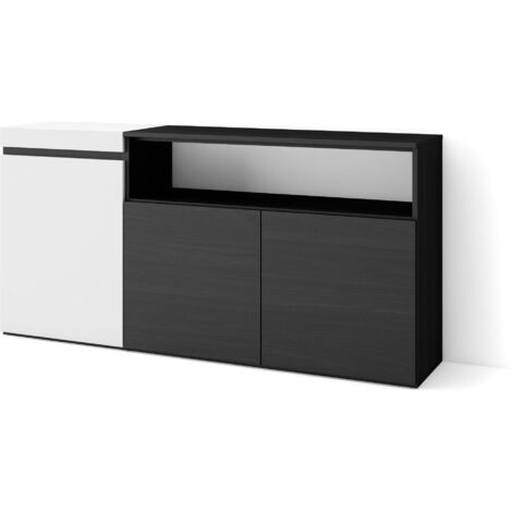 Skraut Home - Sideboard, Highboard, Kommode, Komodenschrank, 150x75x35cm, 3 Türen, Wohnzimmer, Küche, Moderner Stil, Weiß und Schwarz