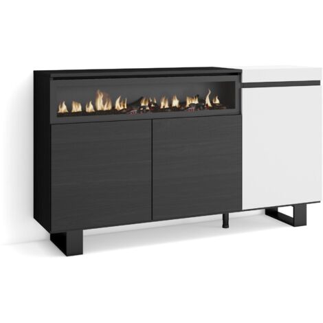 Skraut Home - Sideboard, Highboard, Kommode, Komodenschrank, 150x87x35cm, 3 Türen, Elektrokamin. Maße, Industriedesign, Moderner Stil, Weiß und Schwarz