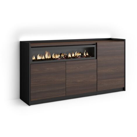 Skraut Home - Sideboard, Highboard, Kommode, Komodenschrank, 156x37x80cm, 3 Türen, Elektrokamin., LED, Moderner Stil, Dunkler Eiche und Schwarz
