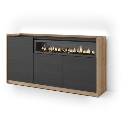 Skraut Home - Sideboard, Highboard, Kommode, Komodenschrank, 156x37x80cm, 3 Türen, Elektrokamin., LED, Moderner Stil, Schwarz Eiche