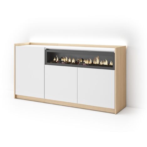Skraut Home - Sideboard, Highboard, Kommode, Komodenschrank, 156x37x80cm, 3 Türen, Elektrokamin., LED, Moderner Stil, Weiß und Eiche Soft