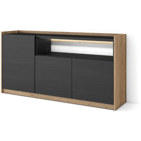 Skraut Home - Sideboard, Highboard, Kommode, Komodenschrank, 156x37x80cm, 3 Türen, LED, Moderner Stil, Schwarz Eiche