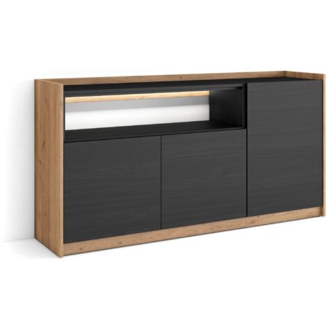 Skraut Home - Sideboard, Highboard, Kommode, Komodenschrank, 156x37x80cm, 3 Türen, LED, Moderner Stil, Schwarz Eiche