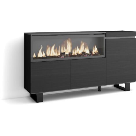 Skraut Home - Sideboard, Highboard, Kommode, Komodenschrank, 160, 3 Türen, Elektrokamin XXL, Industriedesign, Moderner Stil, Schwarz
