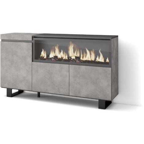 Skraut Home - Sideboard, Highboard, Kommode, Komodenschrank, 160, 3 Türen, Elektrokamin XXL, Industriedesign, Moderner Stil, Zementgrau