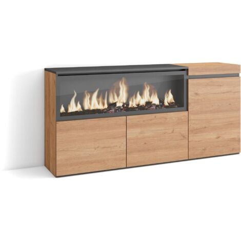 Skraut Home - Sideboard, Highboard, Kommode, Komodenschrank, 160, 3 Türen, Elektrokamin XXL, Moderner Stil, Eiche