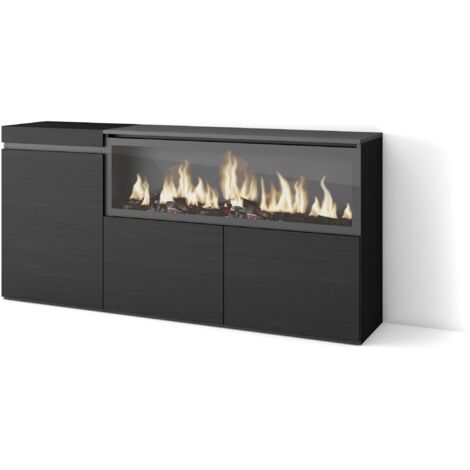 Skraut Home - Sideboard, Highboard, Kommode, Komodenschrank, 160, 3 Türen, Elektrokamin XXL, Moderner Stil, Schwarz